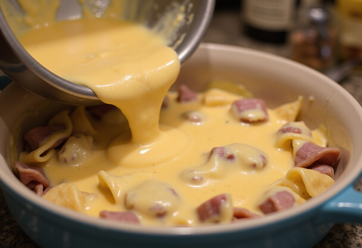 Käsesauce wird über Schupfnudeln und Schinken in einer Auflaufform gegossen für Omas Auflauf Rezept.