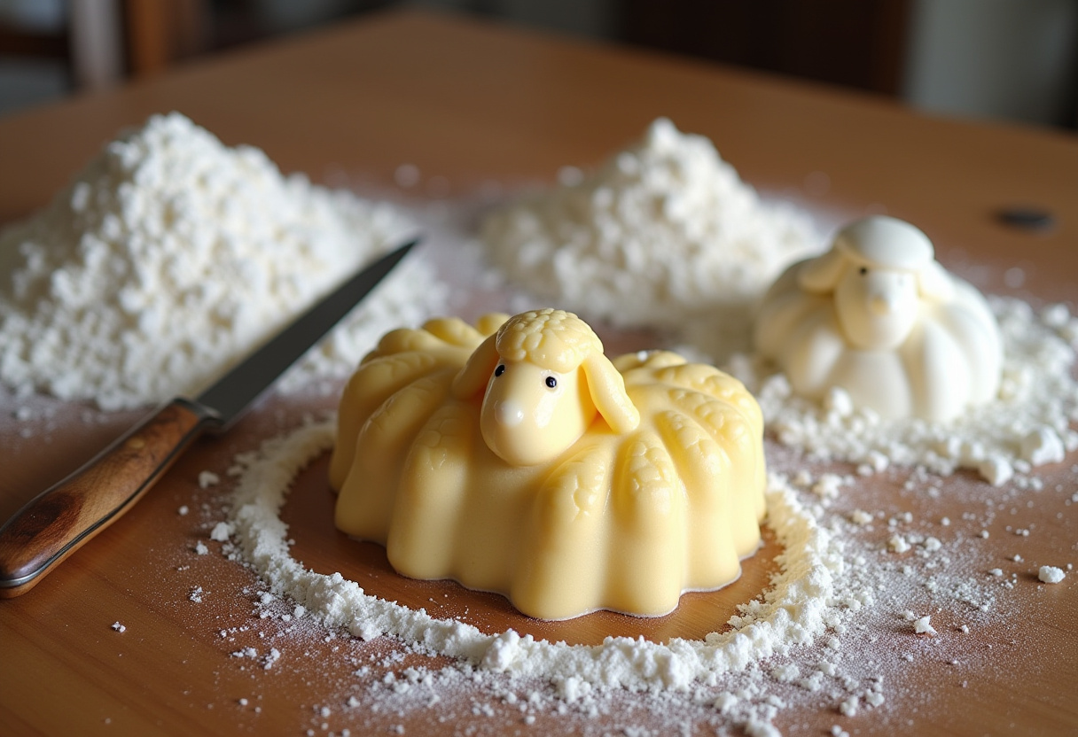 Traditional lamb-shaped cake mold and ingredients for Osterlammkuchen preparation.