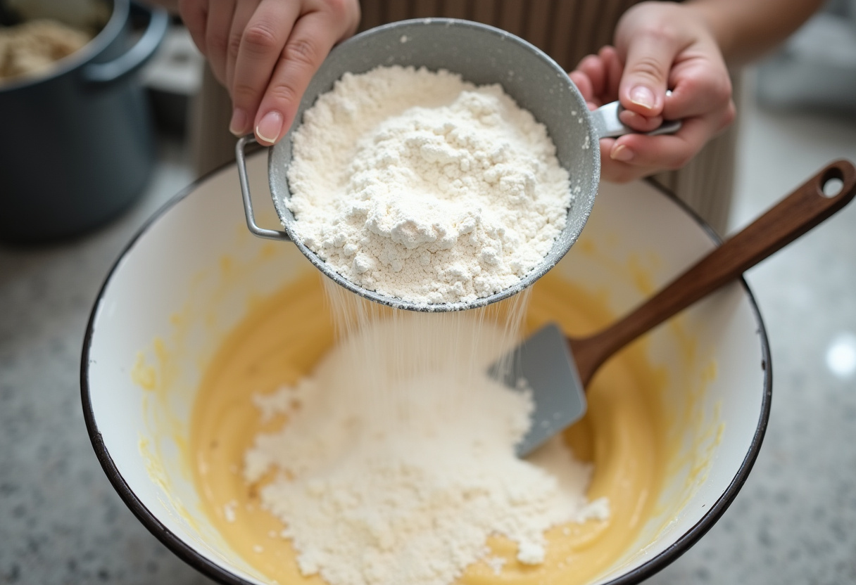 Flour and baking powder being sifted into the Osterlammkuchen batter.