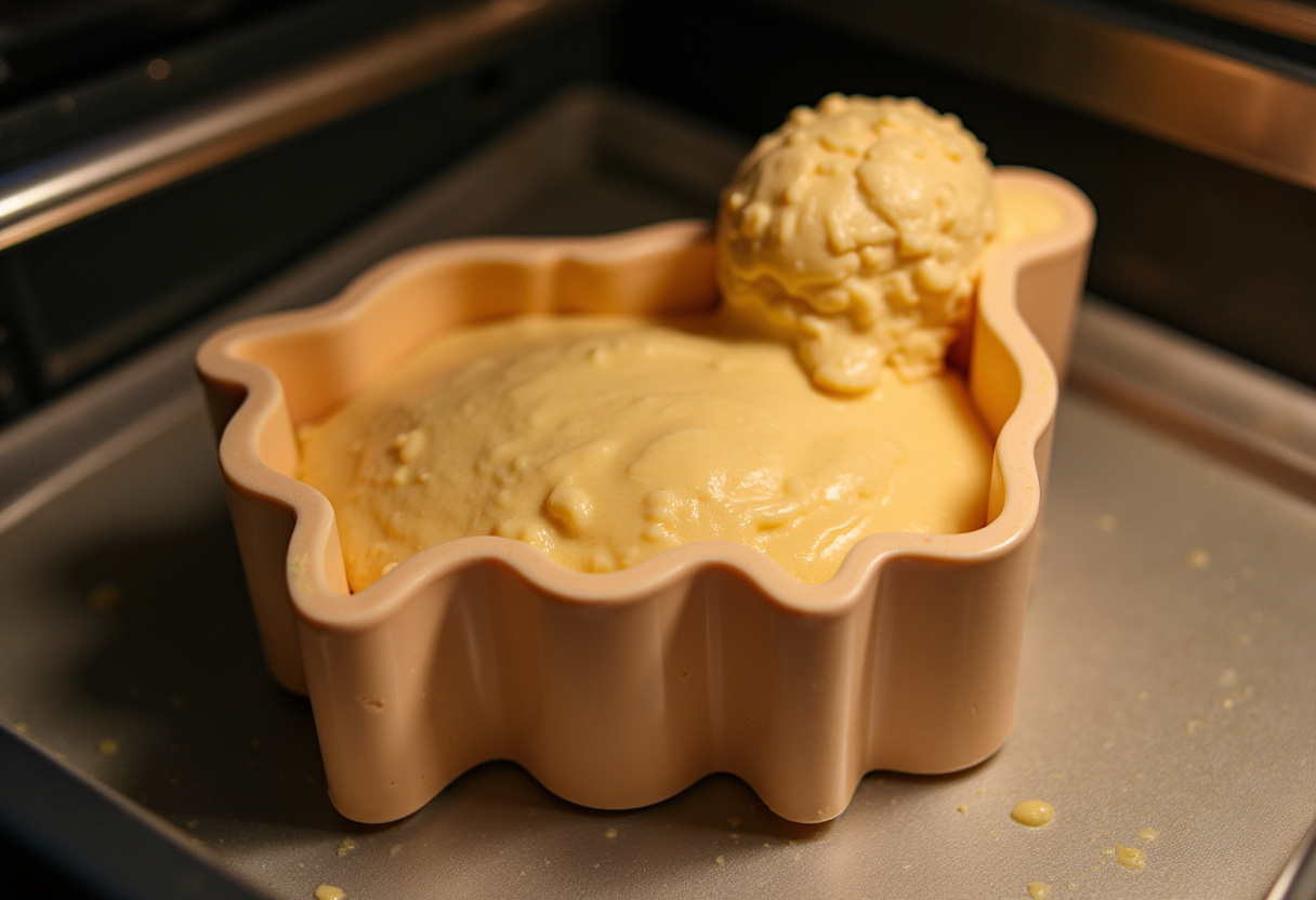 Lamb-shaped cake mold filled with batter for baking Osterlammkuchen.