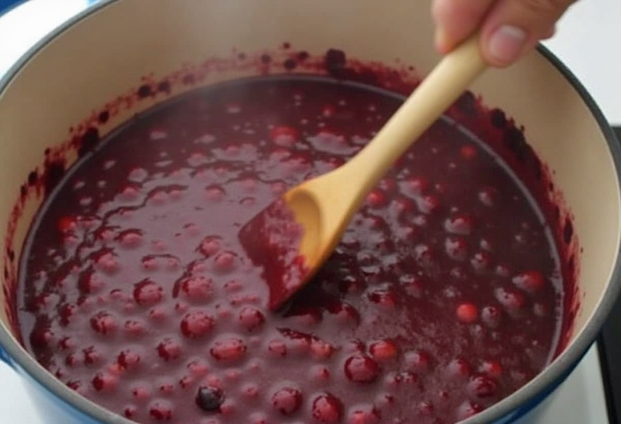Zucker und Stärke werden in die köchelnden Beeren für Rote Grütze eingerührt.