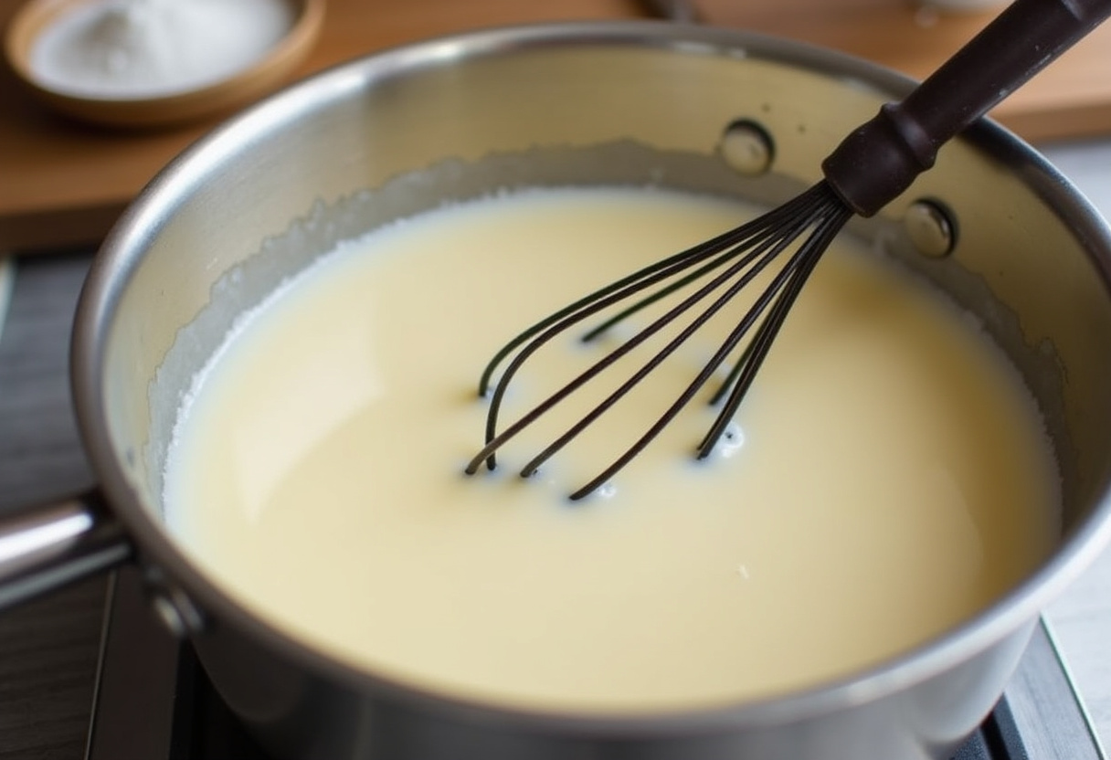 Vanillesoße wird aus Milch, Vanilleschote und Zucker zubereitet.