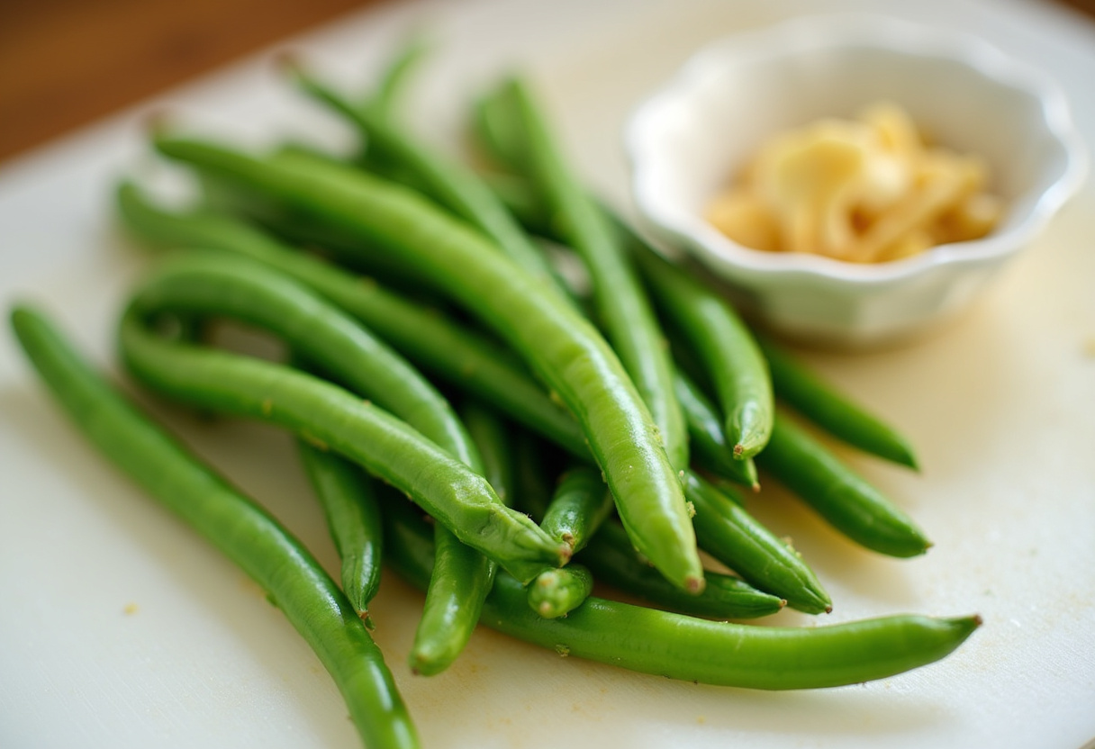 Frische grüne Bohnen und gehackter Knoblauch für sautierte Knoblauch-Grüne Bohnen.