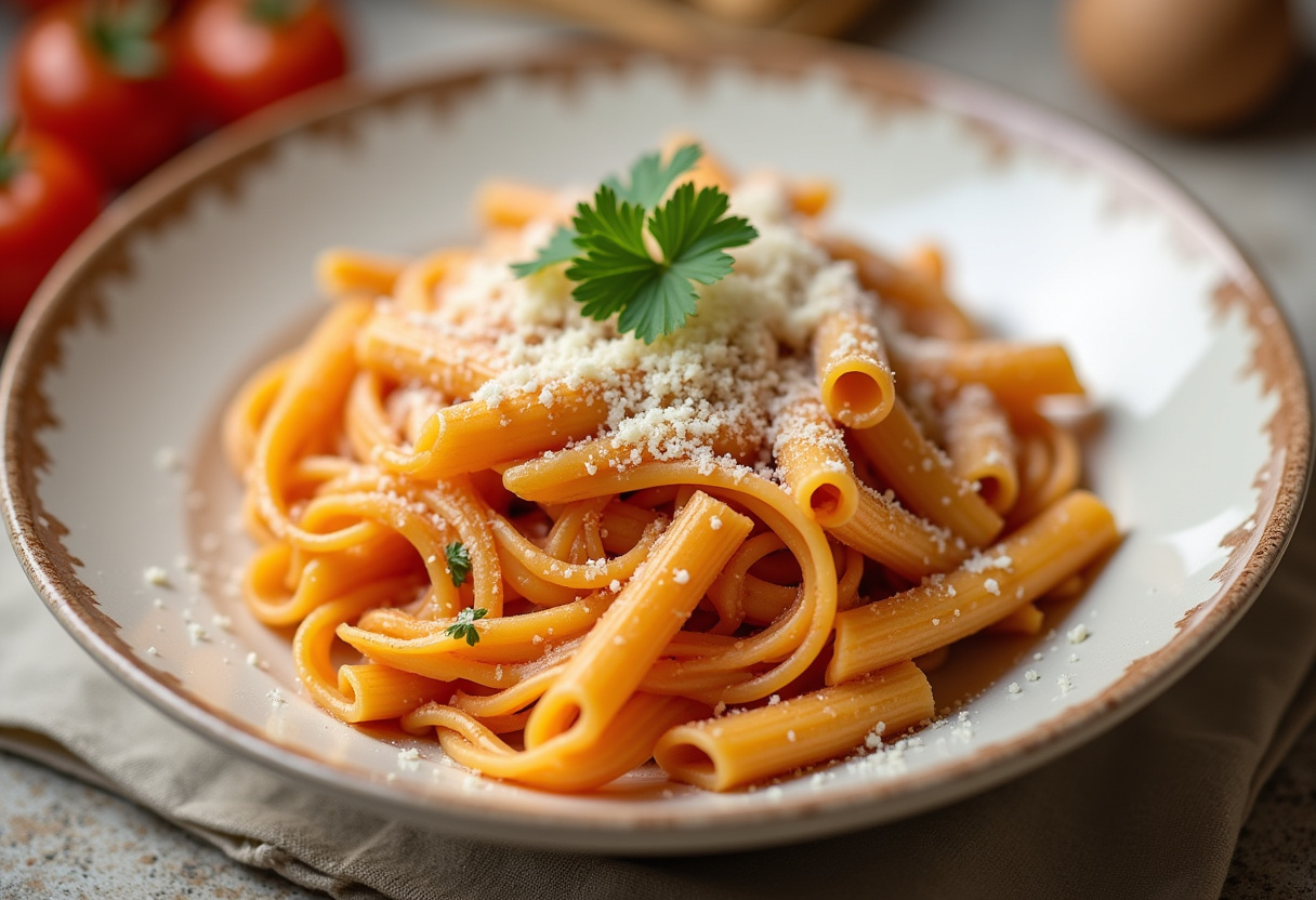 Fertige schnelle Brokkoli-Pasta mit Parmesan und Petersilie garniert, servierfertig.