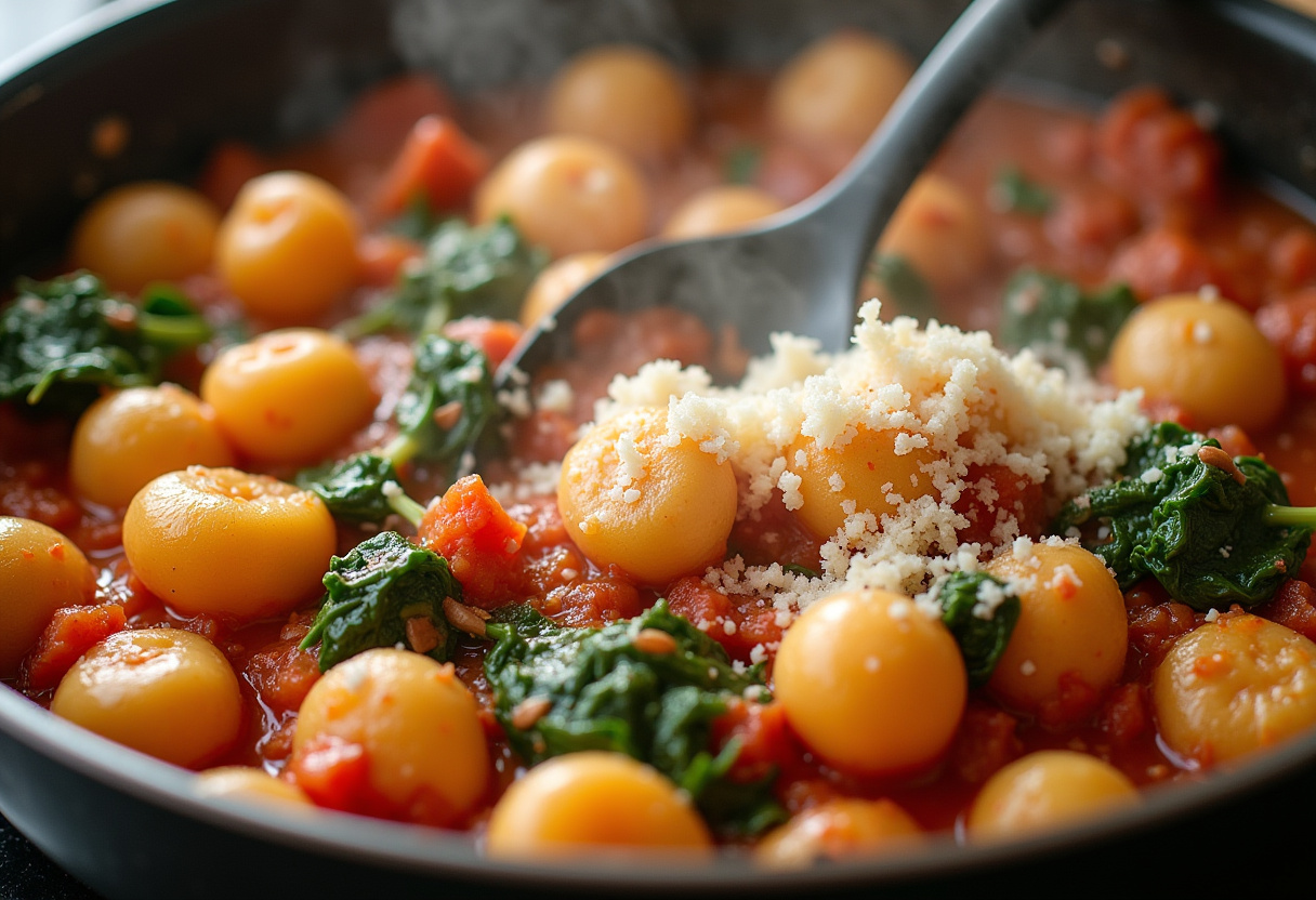 Frisch geriebener Parmesan schmilzt über der Gnocchi-Pfanne mit Tomate und Spinat