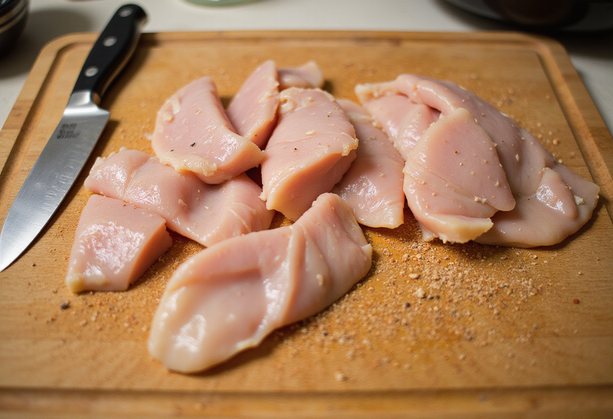 Vorbereitung von Hähnchenbruststücken für ein Hähnchen Geschnetzeltes Rezept.