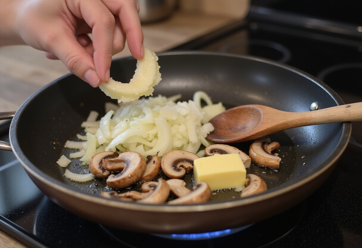 Anbraten von Zwiebeln und Pilzen in Butter für ein köstliches Hähnchen Geschnetzeltes.