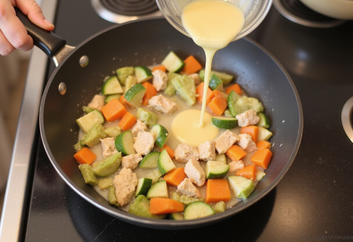 Hinzufügen von Hühnerbrühe zu sautiertem Gemüse für eine cremige Hähnchen Geschnetzeltes Sauce.