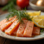 Fertige Schwedische Lachstorte mit Frischkäse, garniert mit Dill und Zitrone, perfekt zum Servieren.