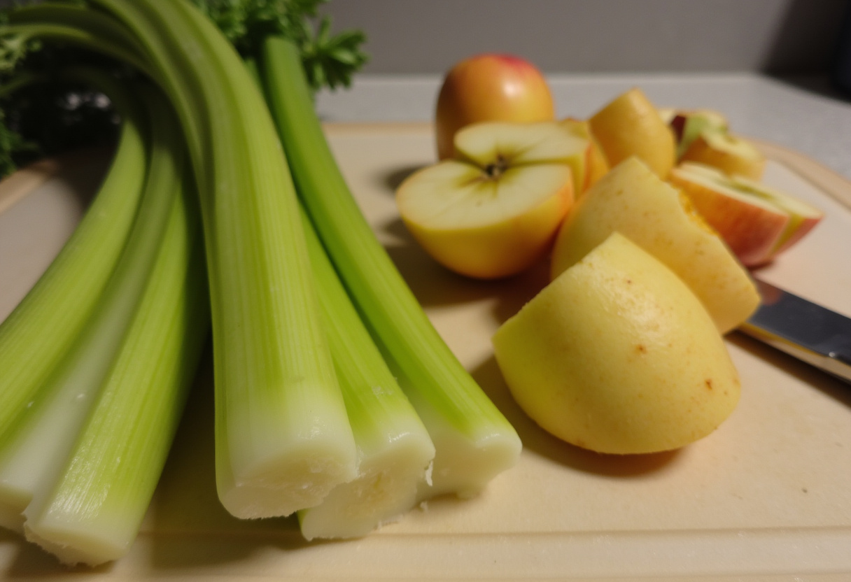 Frische Selleriestangen und Äpfel auf einem Schneidebrett für Selleriesalat mit Apfel.