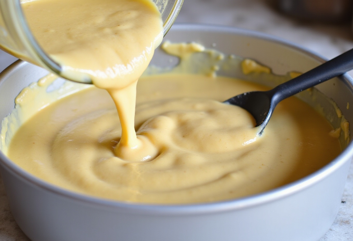 Kuchenteig wird in eine gefettete Kuchenform für das Buttermilchkuchen Rezept gegossen.