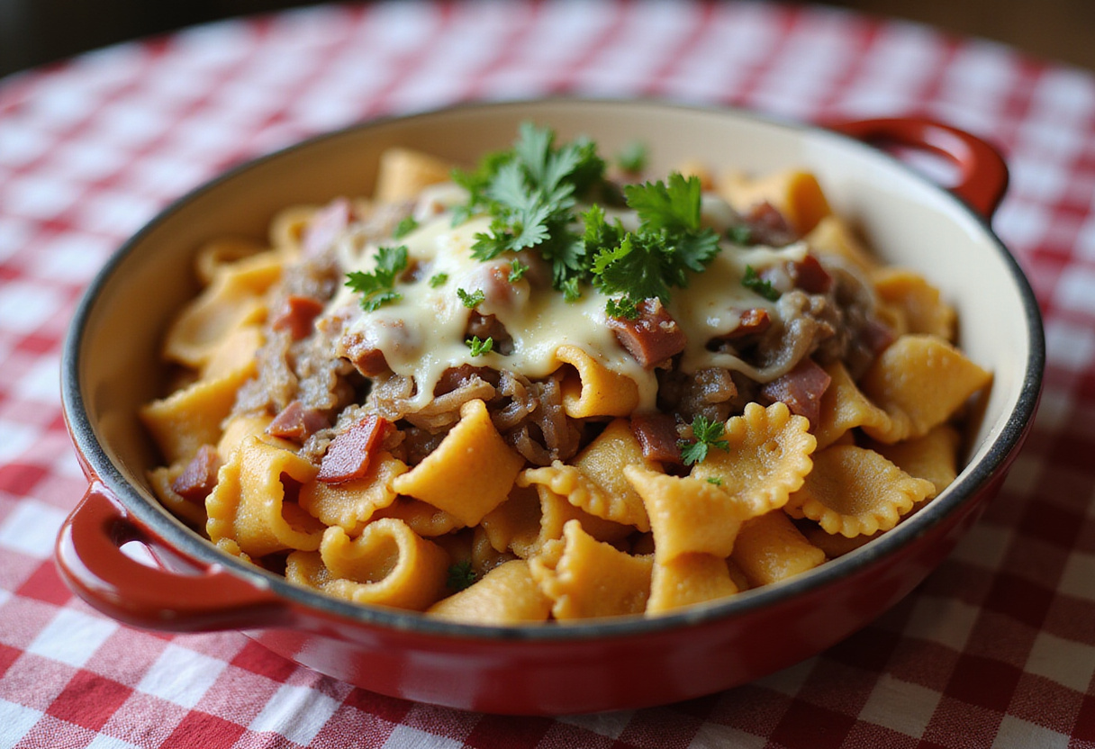 Servierfertige Schupfnudeln mit Käse und Schinken, ein perfektes Gericht der deutschen Küche.