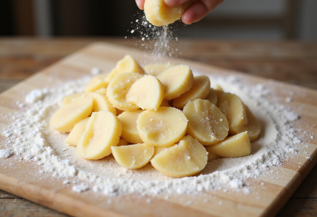 Mehliertes Schneidebrett mit gekochten Kartoffeln zur Vorbereitung von Schupfnudeln mit Käse und Schinken.