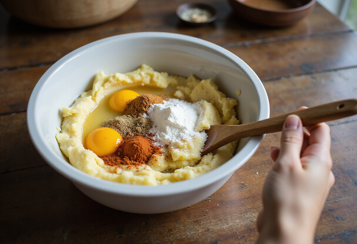 Vermengen von Kartoffelteig für Schupfnudeln mit Käse und Schinken in einer Schüssel.