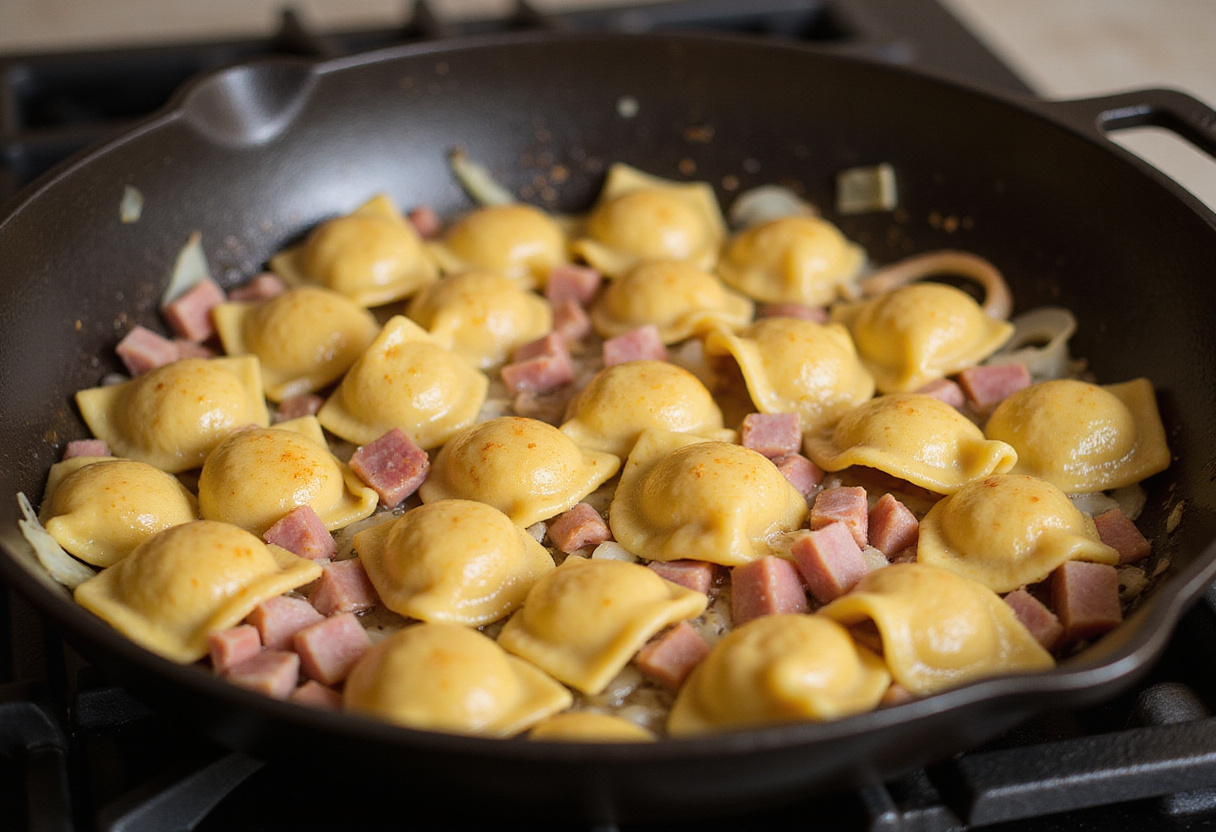 Schupfnudeln werden mit Schinken und Zwiebeln für ein herzhaftes Gericht gebraten.