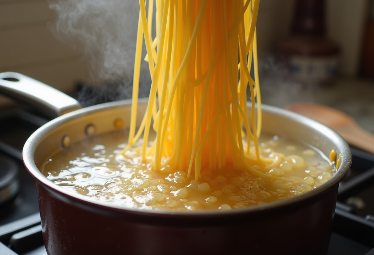 Spaghetti Nudeln werden in sprudelnd kochendes Salzwasser gegeben