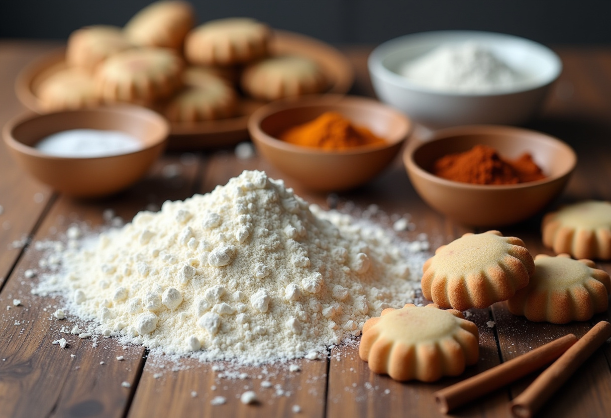 Zutaten wie Mehl, Zucker und Gewürze für die Zubereitung von Spekulatius Plätzchen.