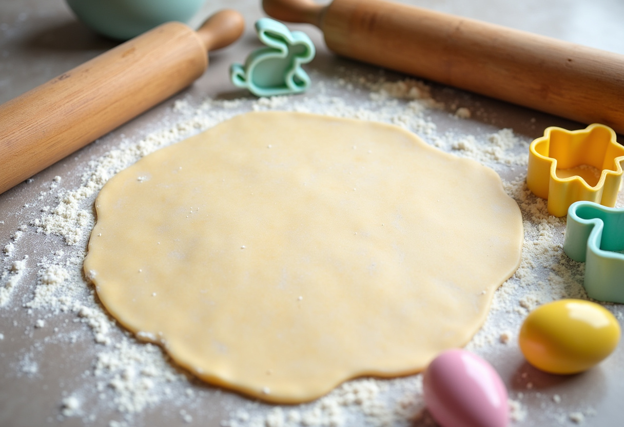 Ausgerollter Spekulatius Teig mit Osterförmchen wie Hasen und Eiern bereit zum Ausstechen.