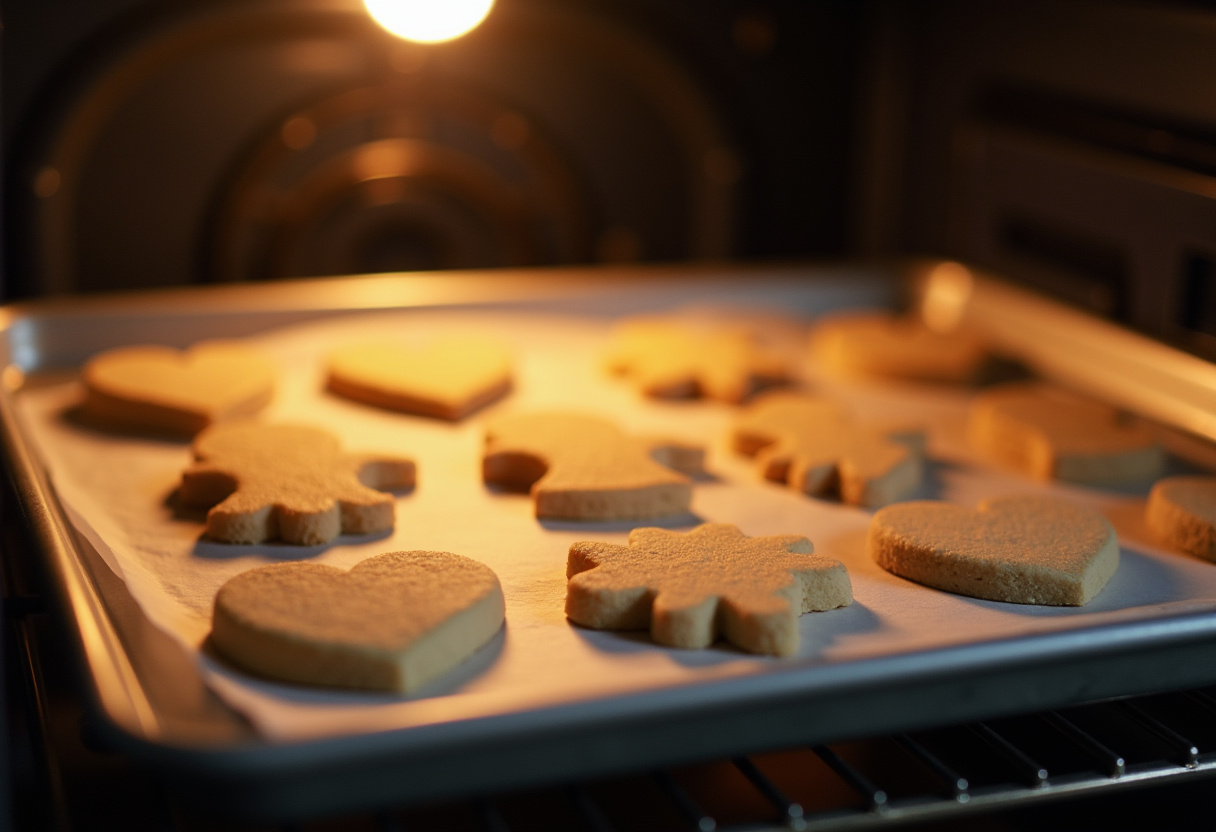 Spekulatius Plätzchen in Osterformen auf einem Backblech, bereit für den Ofen.