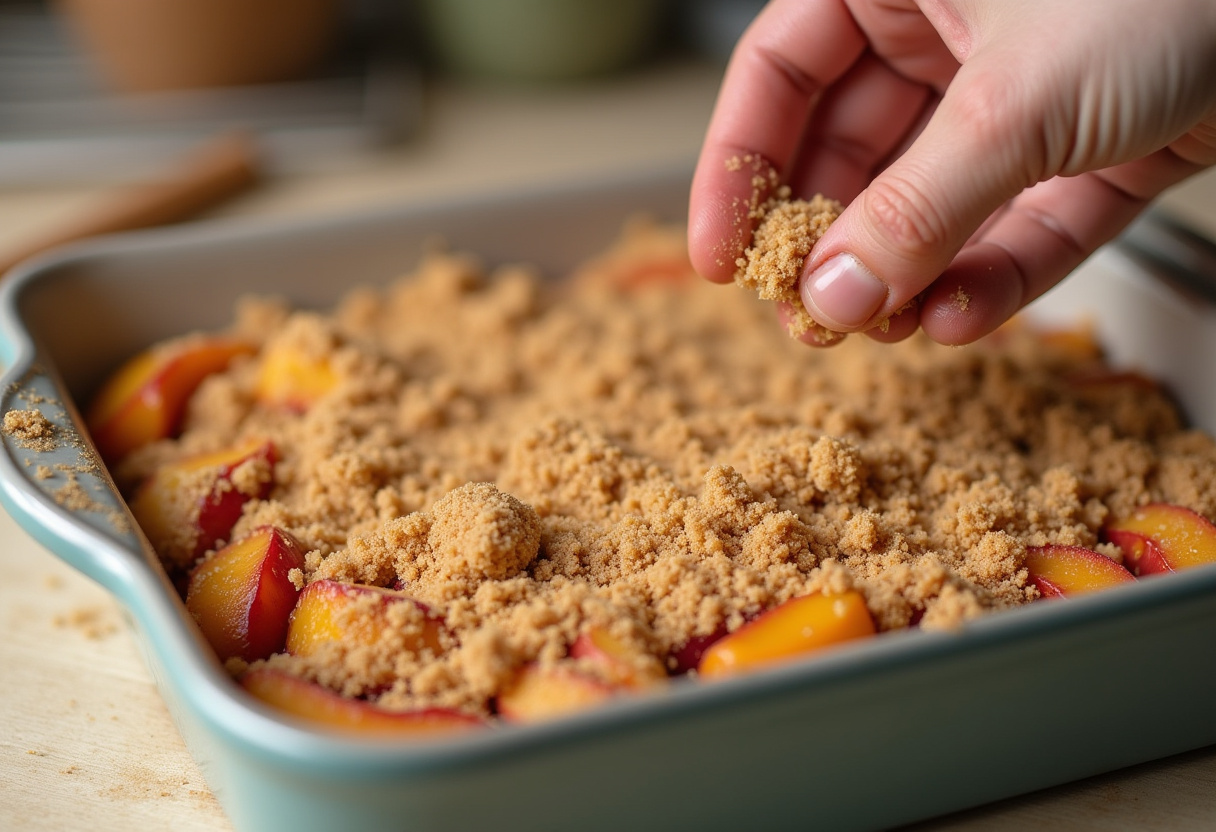 Streusel werden gleichmäßig über das Obst im Streuselkuchen verteilt.