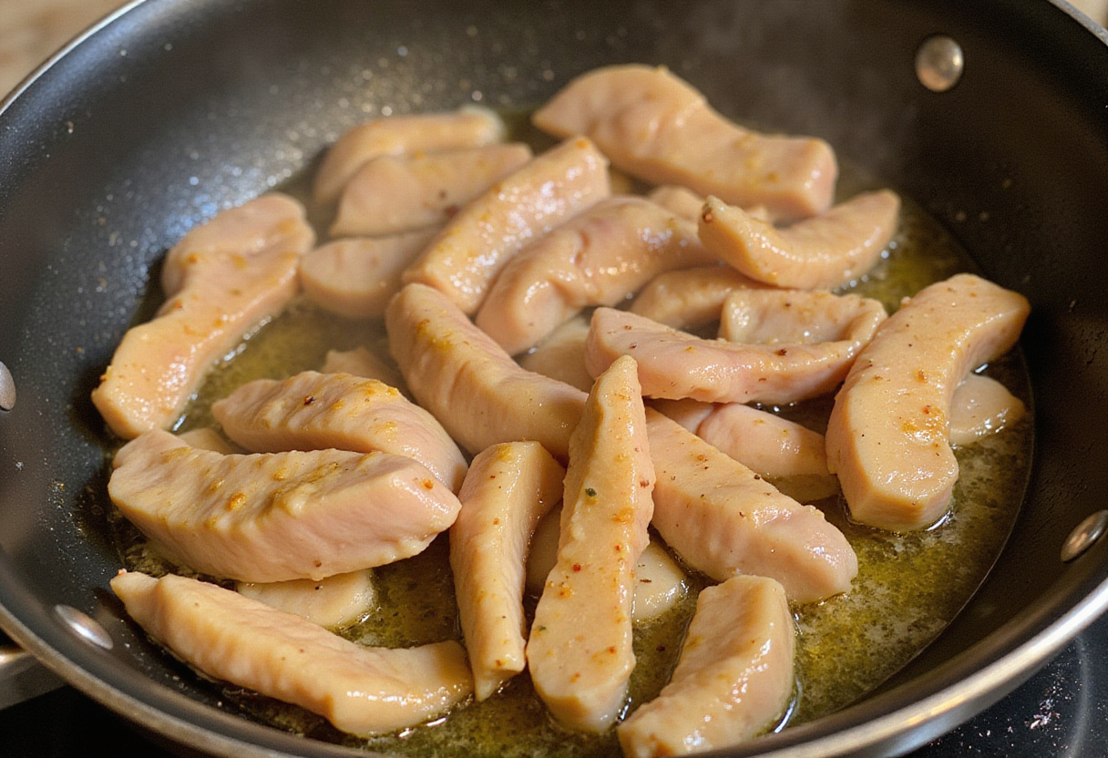 Geschnetzeltes Hähnchen in Olivenöl angebraten für ein leckeres Hähnchen Geschnetzeltes.