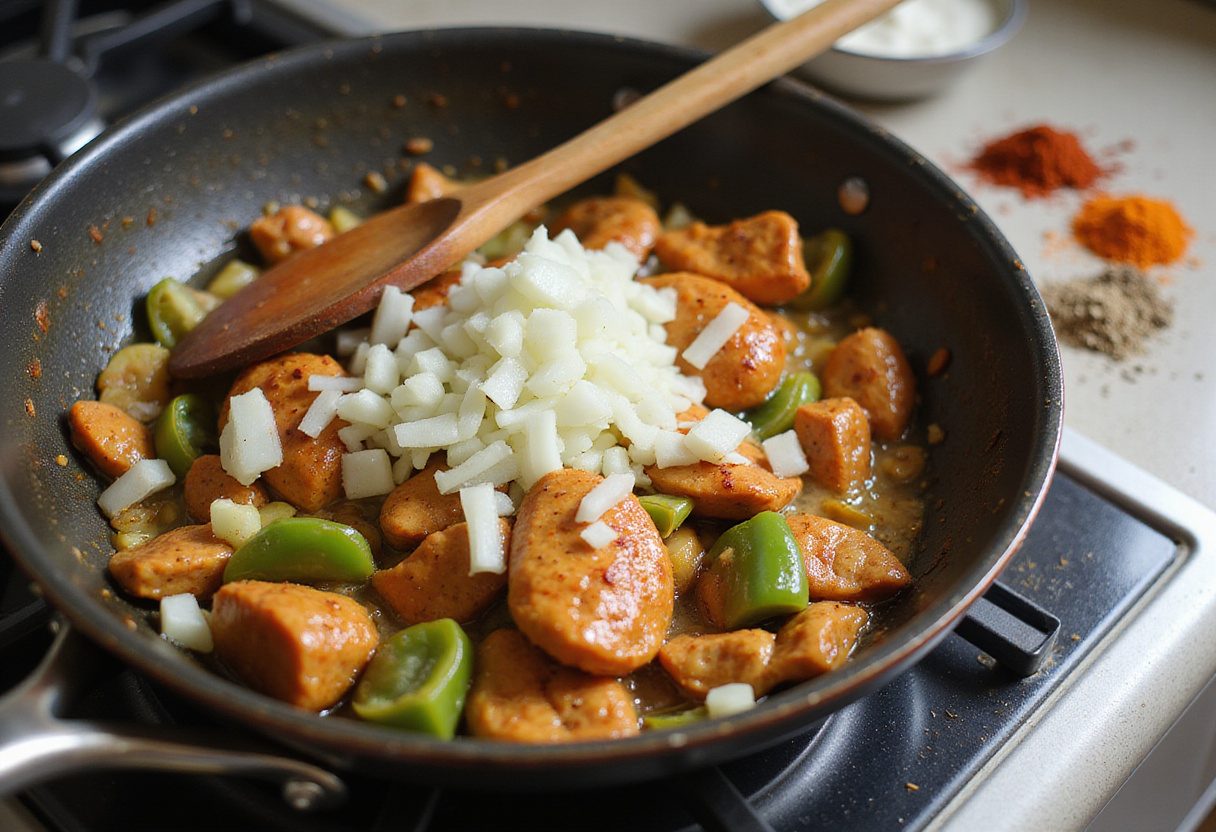 Gehackte Zwiebeln und Paprika zum Hähnchen Geschnetzelten hinzugefügt.