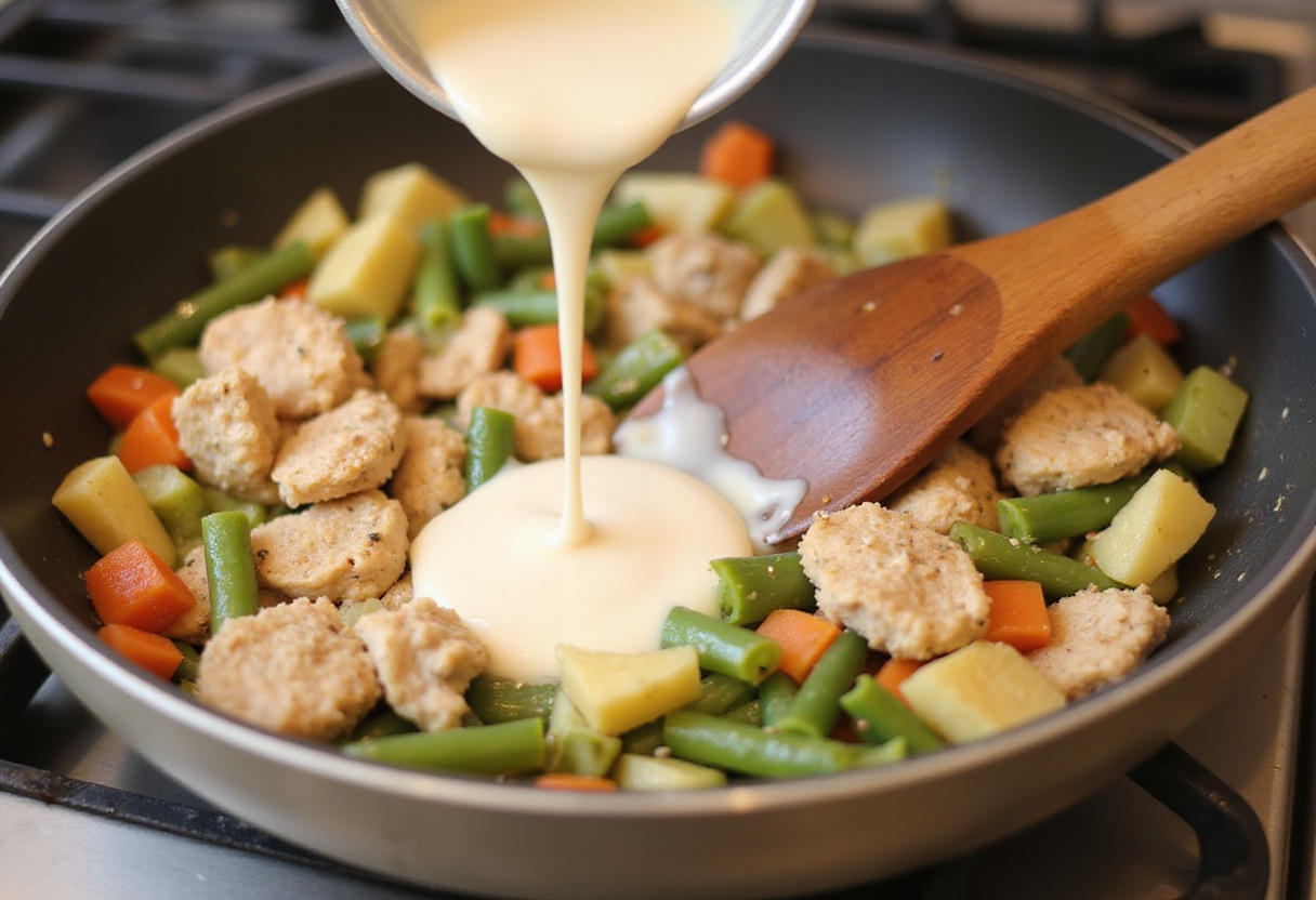 Cremige Sauce wird zum Hähnchen Geschnetzelten gegossen.