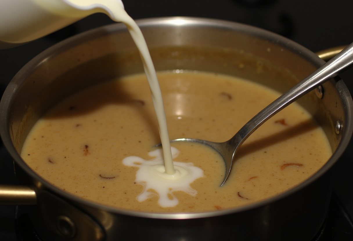Sahne wird unter die köchelnde Pilzsuppe gerührt, um eine cremige Konsistenz zu erreichen.