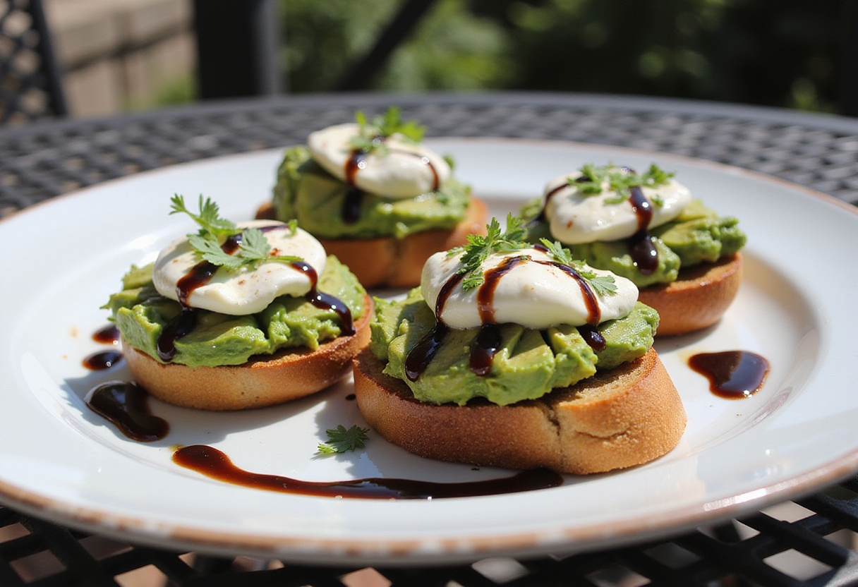 Final dish of Avocado-Burrata-Bruschetta, showcasing creamy and fresh summer flavors.