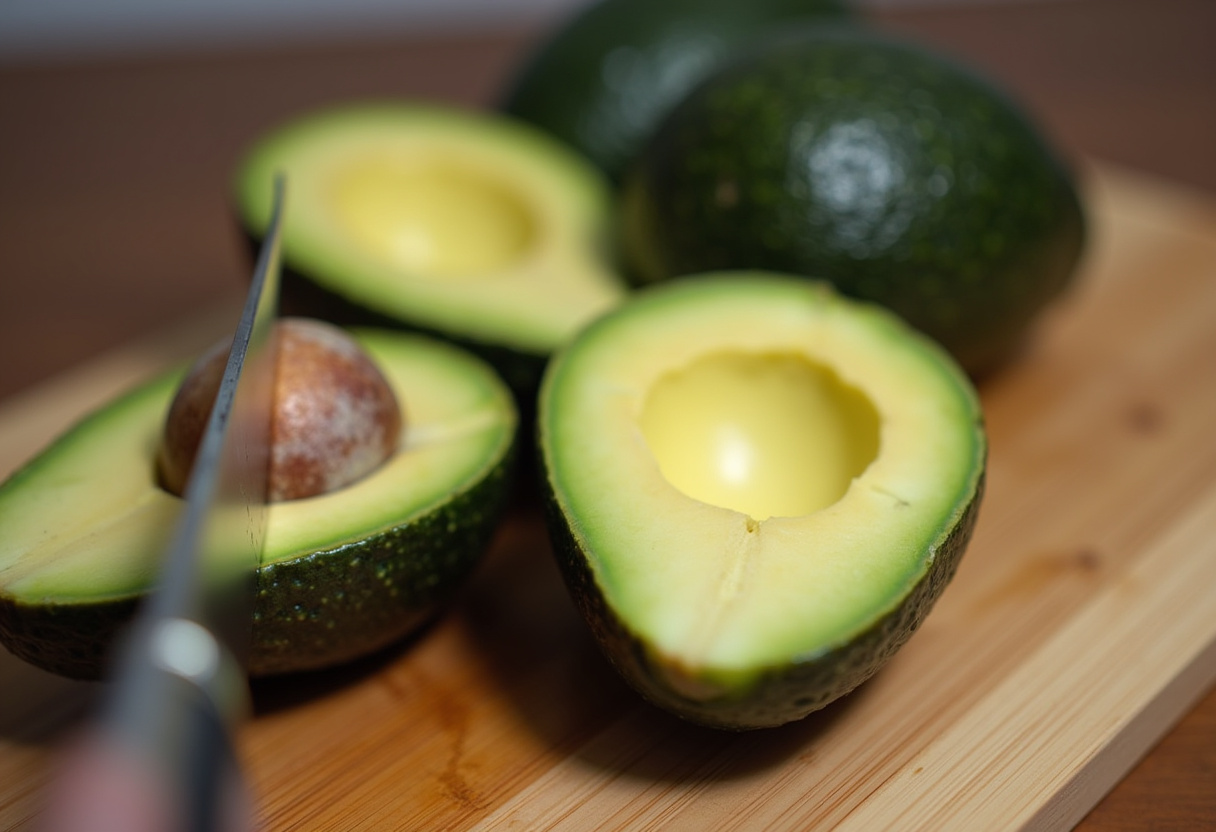 Fresh avocados sliced for making Avocado-Burrata-Bruschetta, showcasing creamy texture.