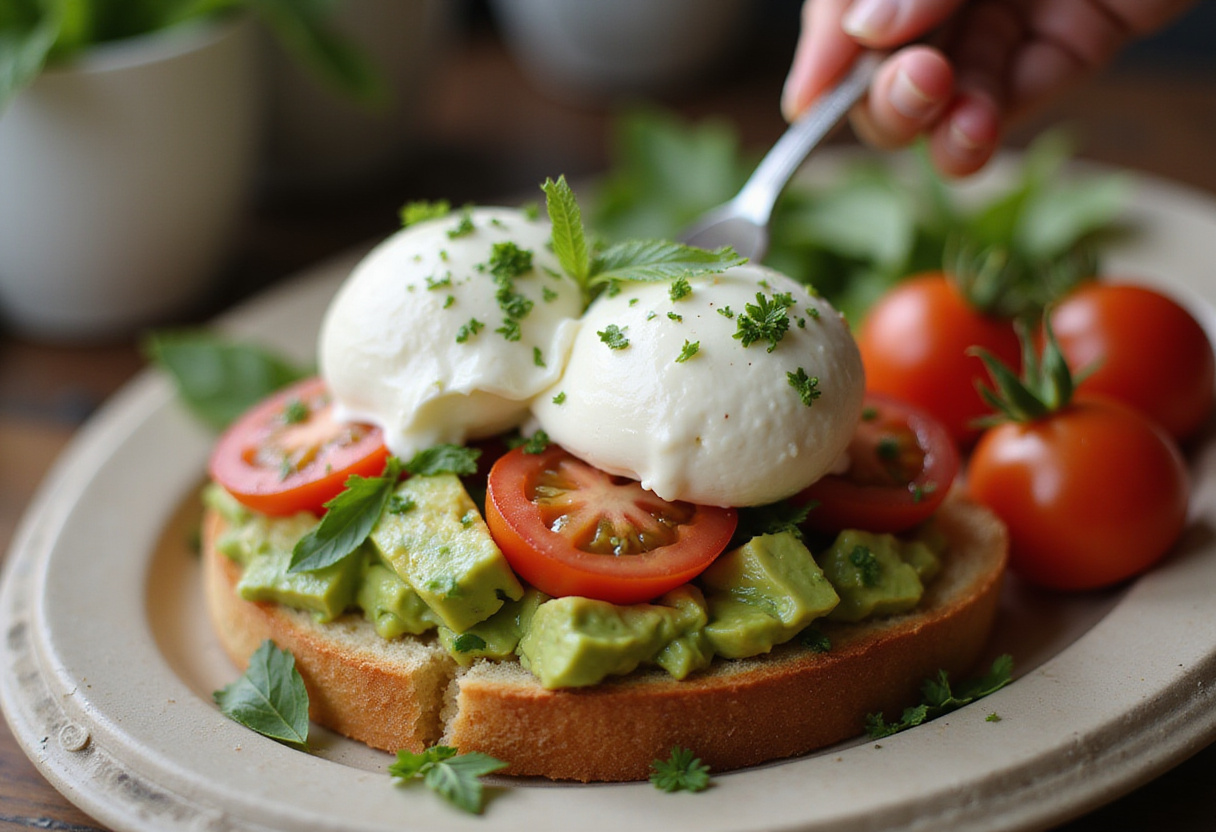 Creamy burrata cheese being added to bruschetta for delicious Avocado-Burrata-Bruschetta.