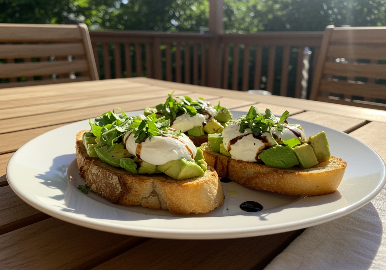 Final dish of Avocado-Burrata-Bruschetta, showcasing creamy and fresh summer flavors.