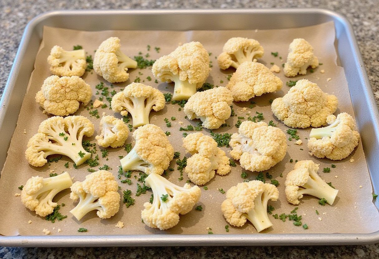 Blumenkohlteile in einer gewürzten Panade für das gebackene Rezept angeordnet.