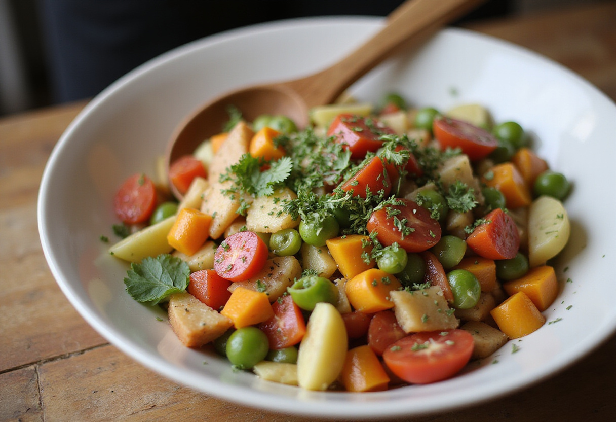 Frischer Zwiebel-Salat und Tomatensalat werden für das Gurkensalat Rezept vermischt.