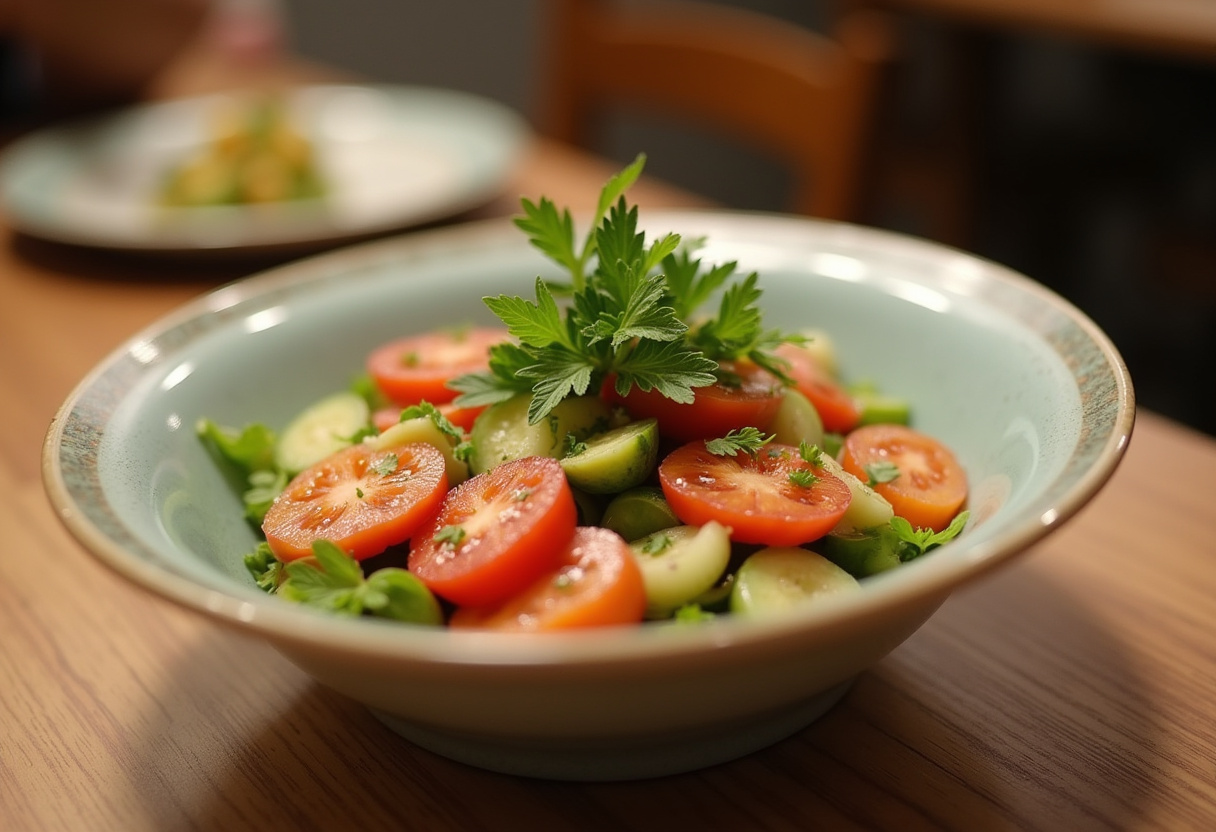 Servierfertiger einfacher Salat aus Gurken, Zwiebeln und Tomaten für Gurkensalat Rezept.