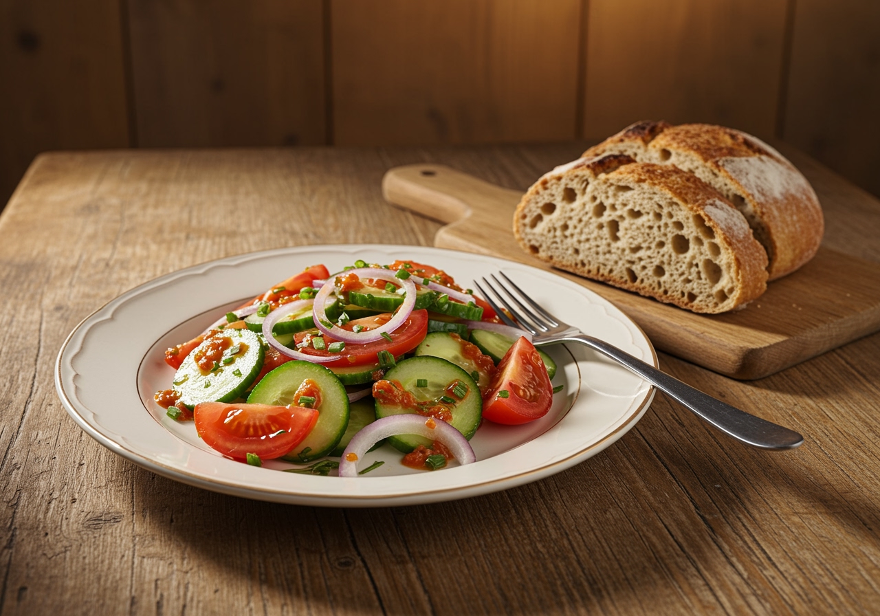 Fertiger Gurkensalat, Zwiebel-Salat und Tomatensalat ideal für gesunde Ernährung.
