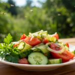 Fertig marinierter Gurken-Tomaten-Zwiebel-Salat als erfrischende Sommerbeilage.