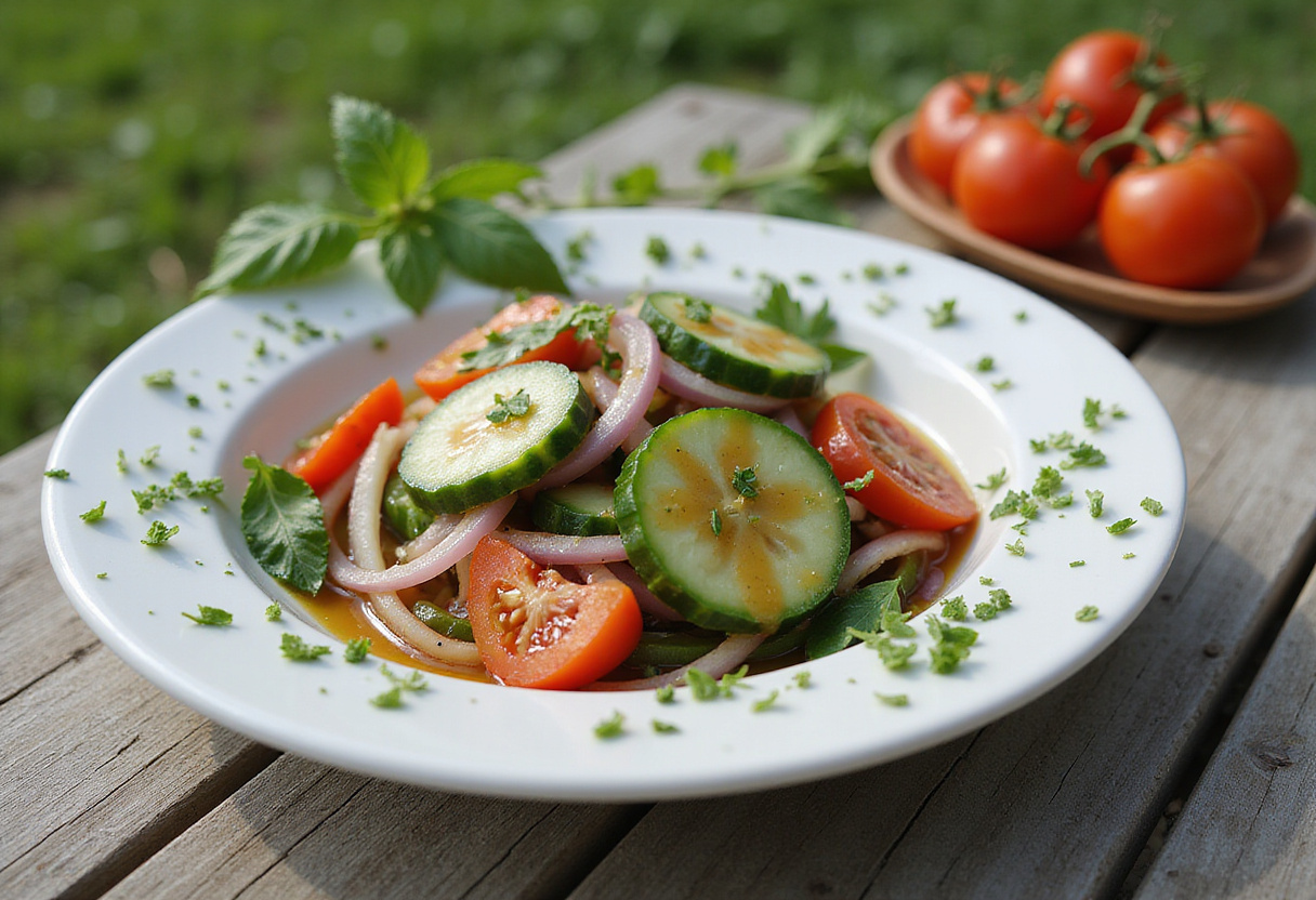 Fertig marinierter Gurken-Tomaten-Zwiebel-Salat als erfrischende Sommerbeilage.