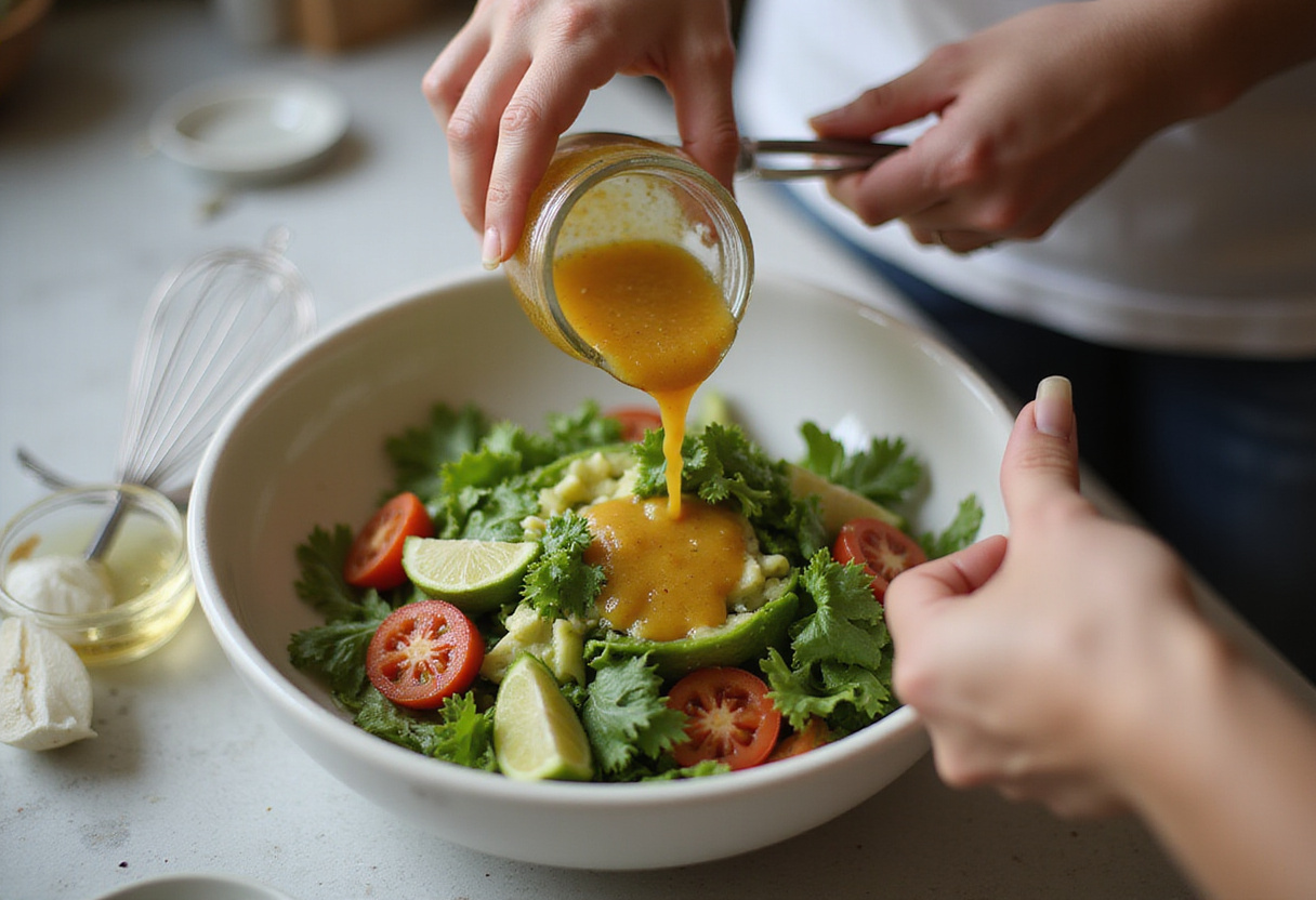 Vinaigrette wird über den Gurken-Tomaten-Zwiebel-Salat gegossen für einen würzigen Geschmack.