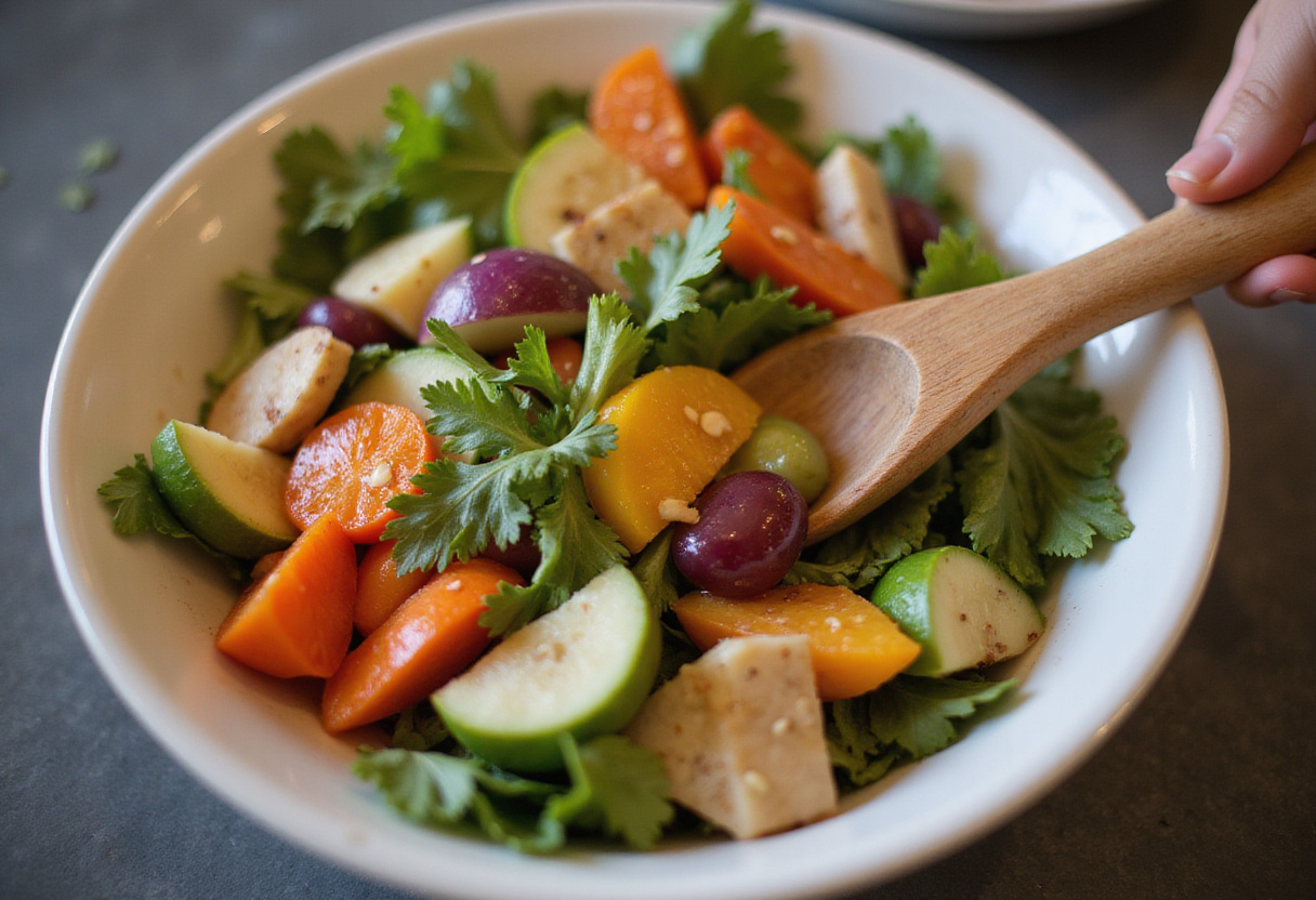 Salatzutaten werden gut gemischt für den perfekten Gurken-Tomaten-Zwiebel-Salat.