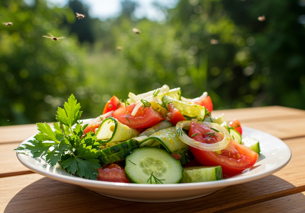 Fertig marinierter Gurken-Tomaten-Zwiebel-Salat als erfrischende Sommerbeilage.