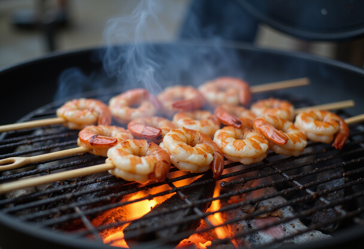 Gegrillte Garnelen auf dem Grill für eine köstliche gegrillte Garnelen-Bowl.