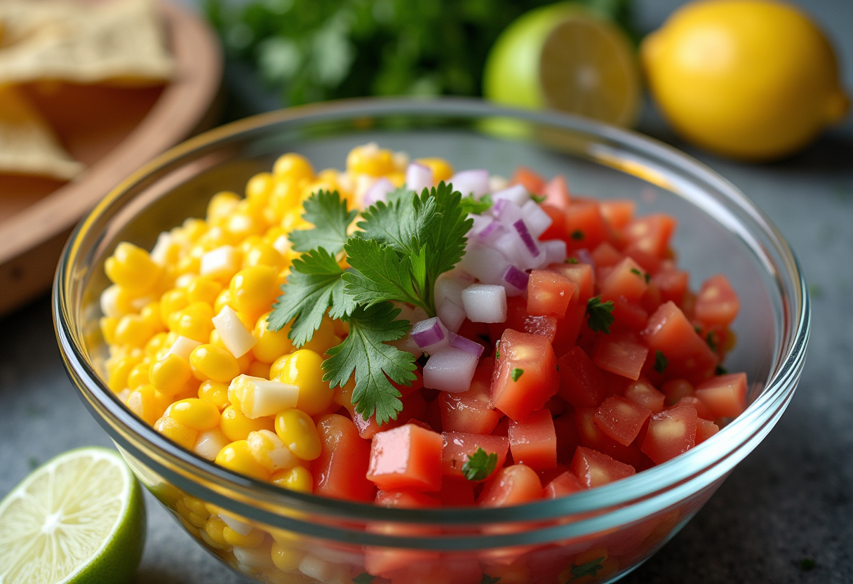 Frische Maissalsa wird für die gegrillte Garnelen-Bowl zubereitet.