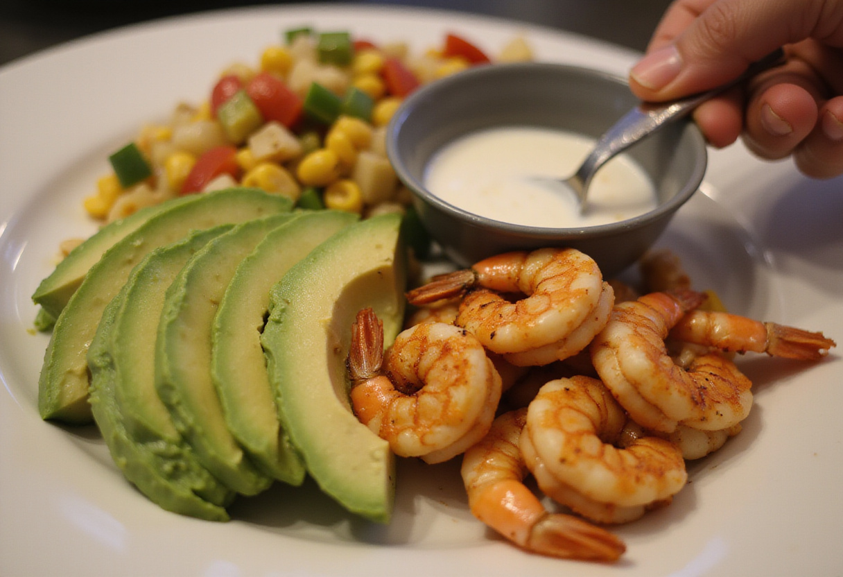 Anrichten der gegrillten Garnelen-Bowl mit Avocado und Maissalsa.