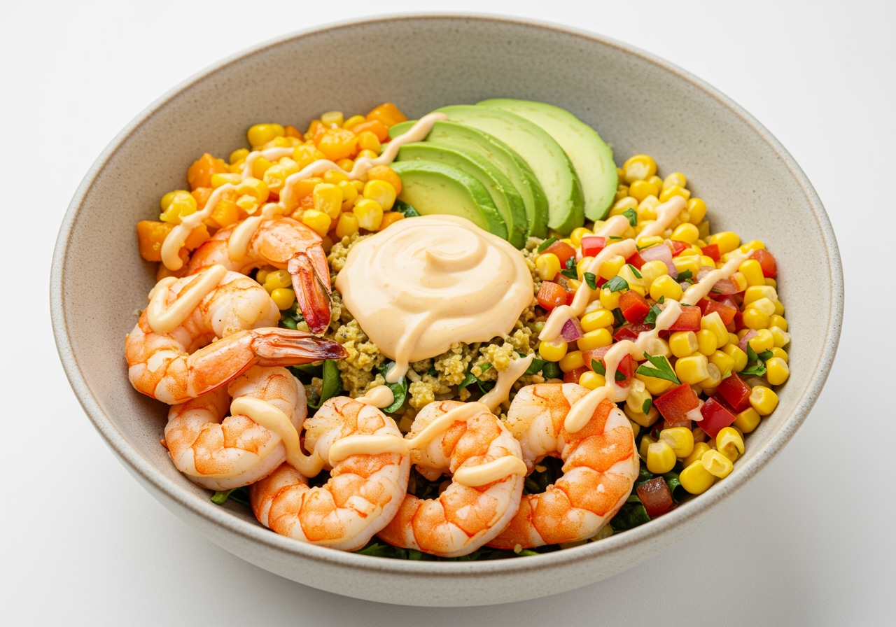 Fertige gegrillte Garnelen-Bowl mit Avocado, Maissalsa und cremiger Sauce, perfekt für gesunde Mahlzeiten.