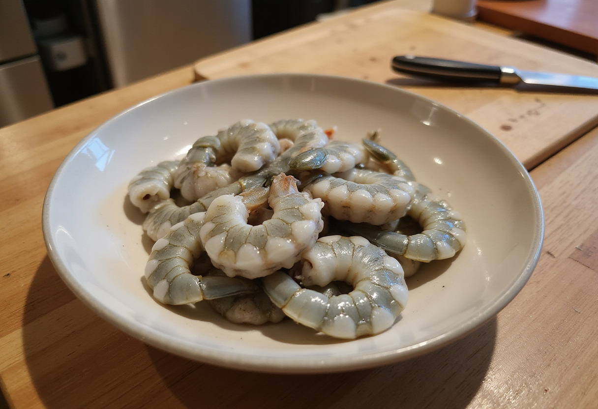 Rohe Garnelen, die für das Honig-Walnuss-Garnelen Rezept vorbereitet werden.