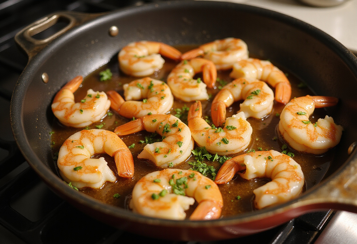 Kochen von Garnelen mit Honig und Walnüssen für das Honig-Walnuss-Garnelen Gericht.