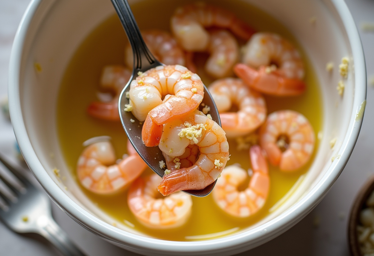 Garnelen werden in einer Schüssel mit Knoblauch und Parmesan für Ofen-Garnelen gewürzt.