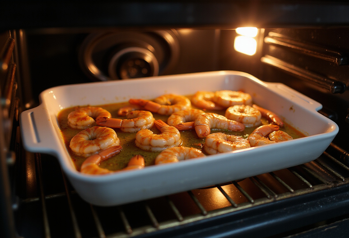 Knoblauch-Parmesan-Garnelen werden im Ofen gebacken.