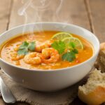 Fertige Schnelle Garnelensuppe mit frischem Koriander und Limettenstücken.
